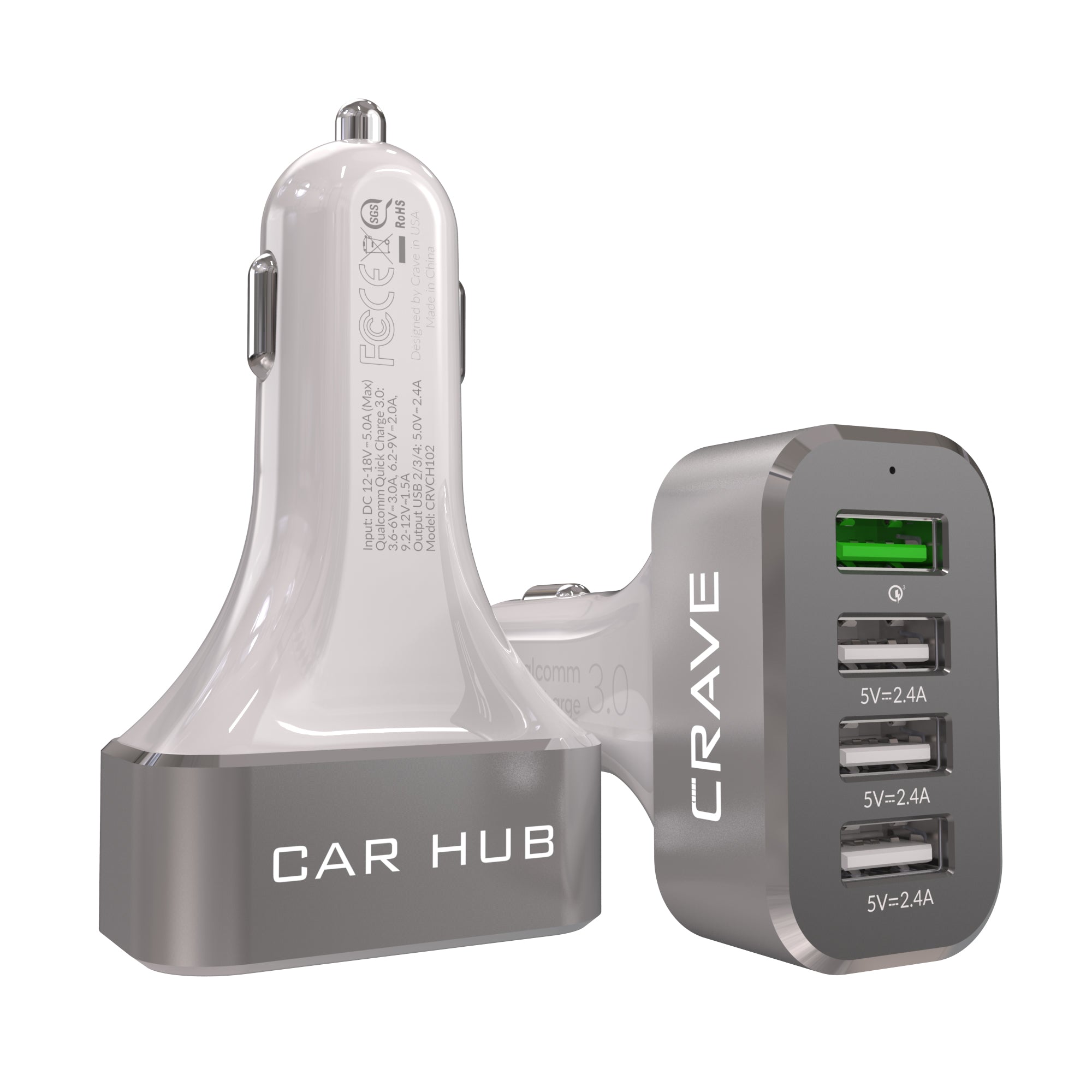 4 Port USB Car Charger, CarHub 54W Quick Charger White